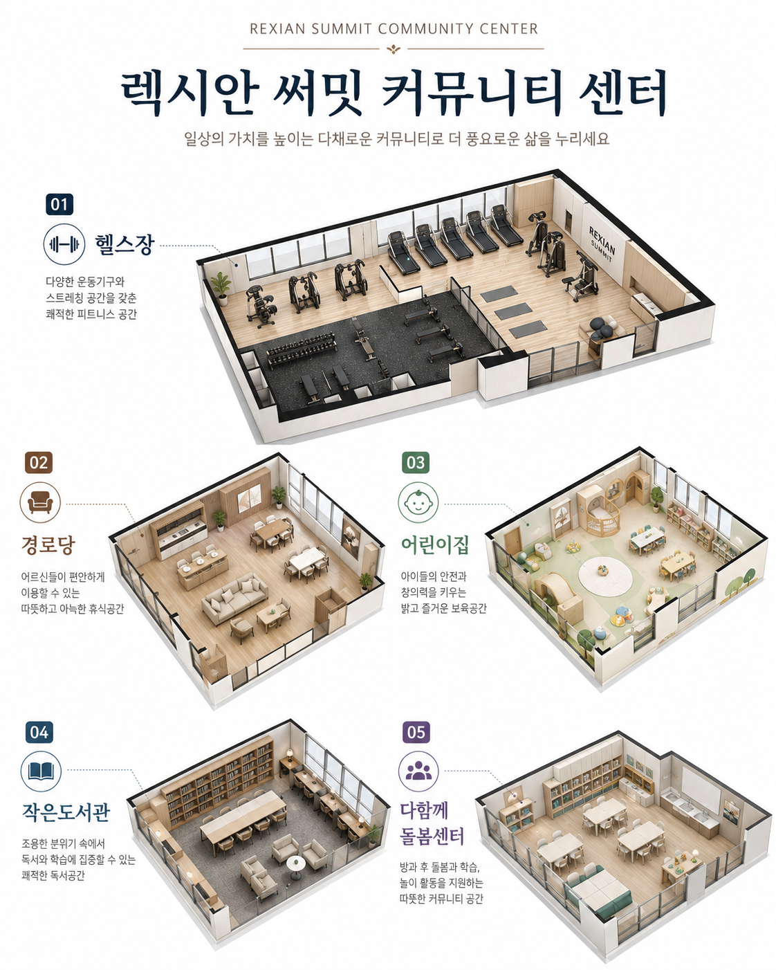 렉시안 써밋 커뮤니티 센터 헬스장, 경로당, 어린이집, 작은도서관, 다함께돌봄센터 안내